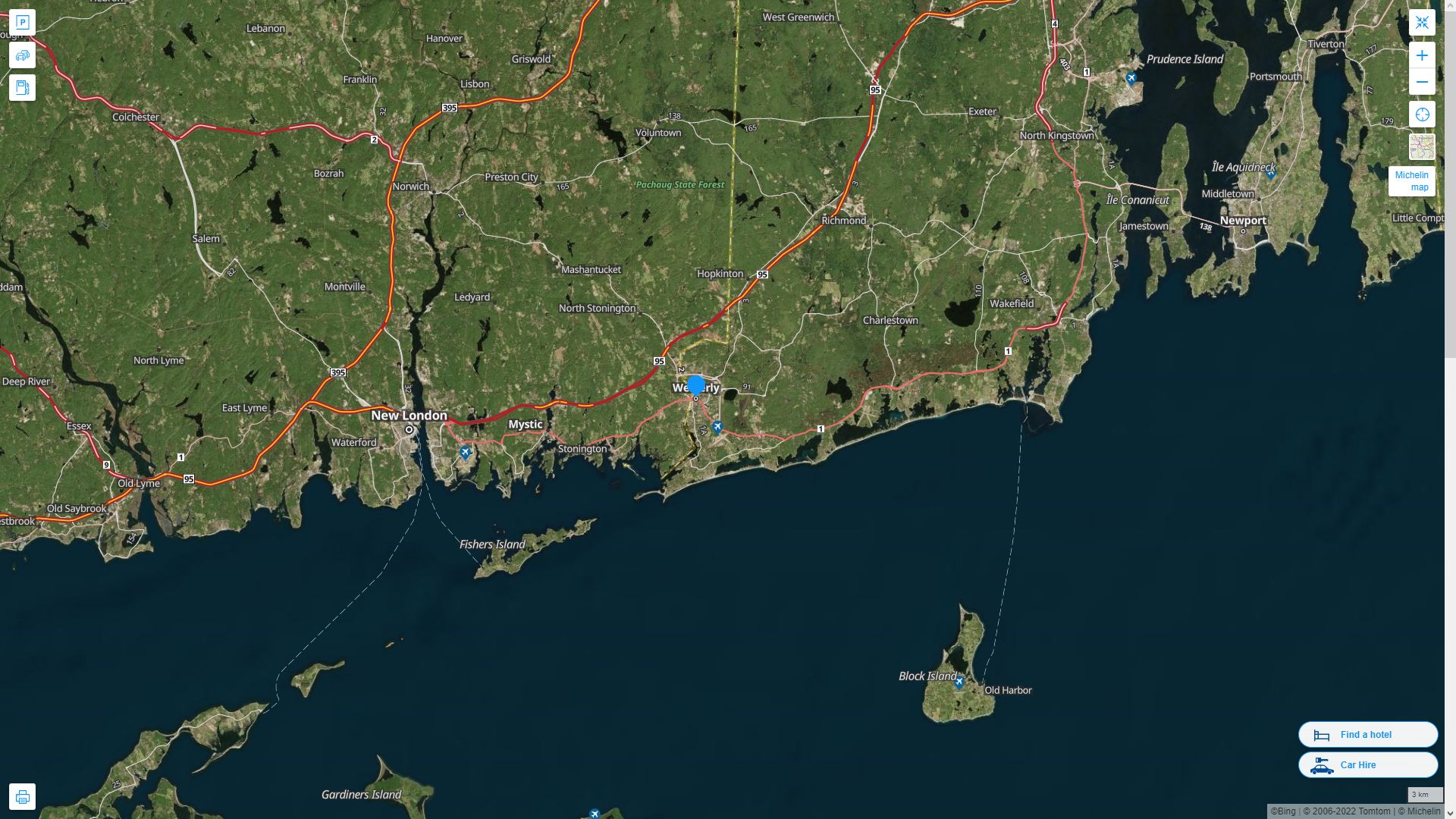 Westerly Rhode Island Highway and Road Map with Satellite View